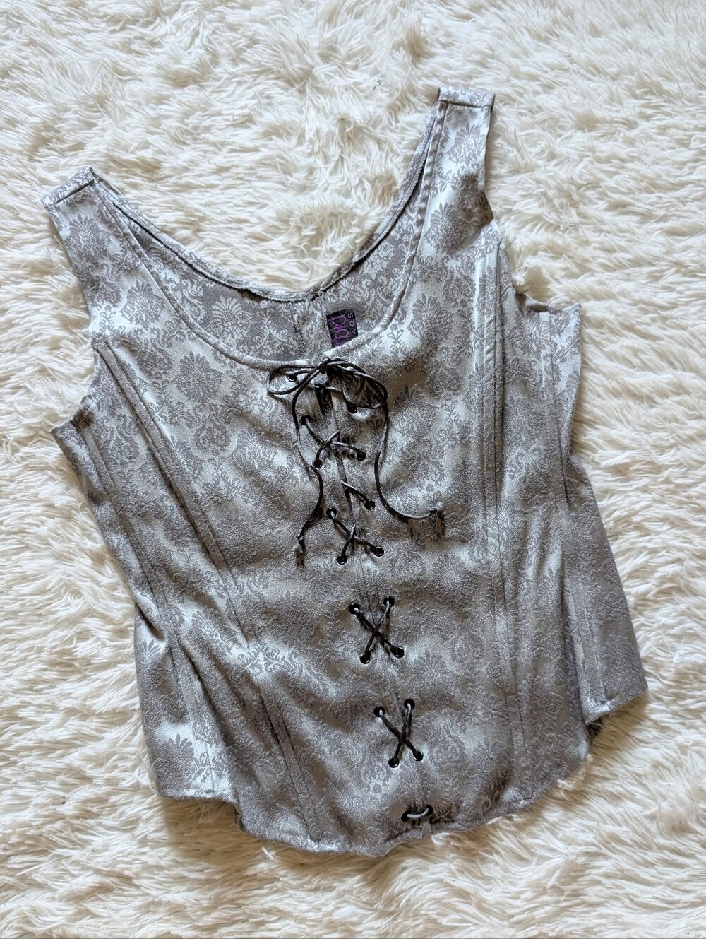 90s Morbid Threads Silver Jacquard Lace Up Vintage Hot Topic Corset Top Large
